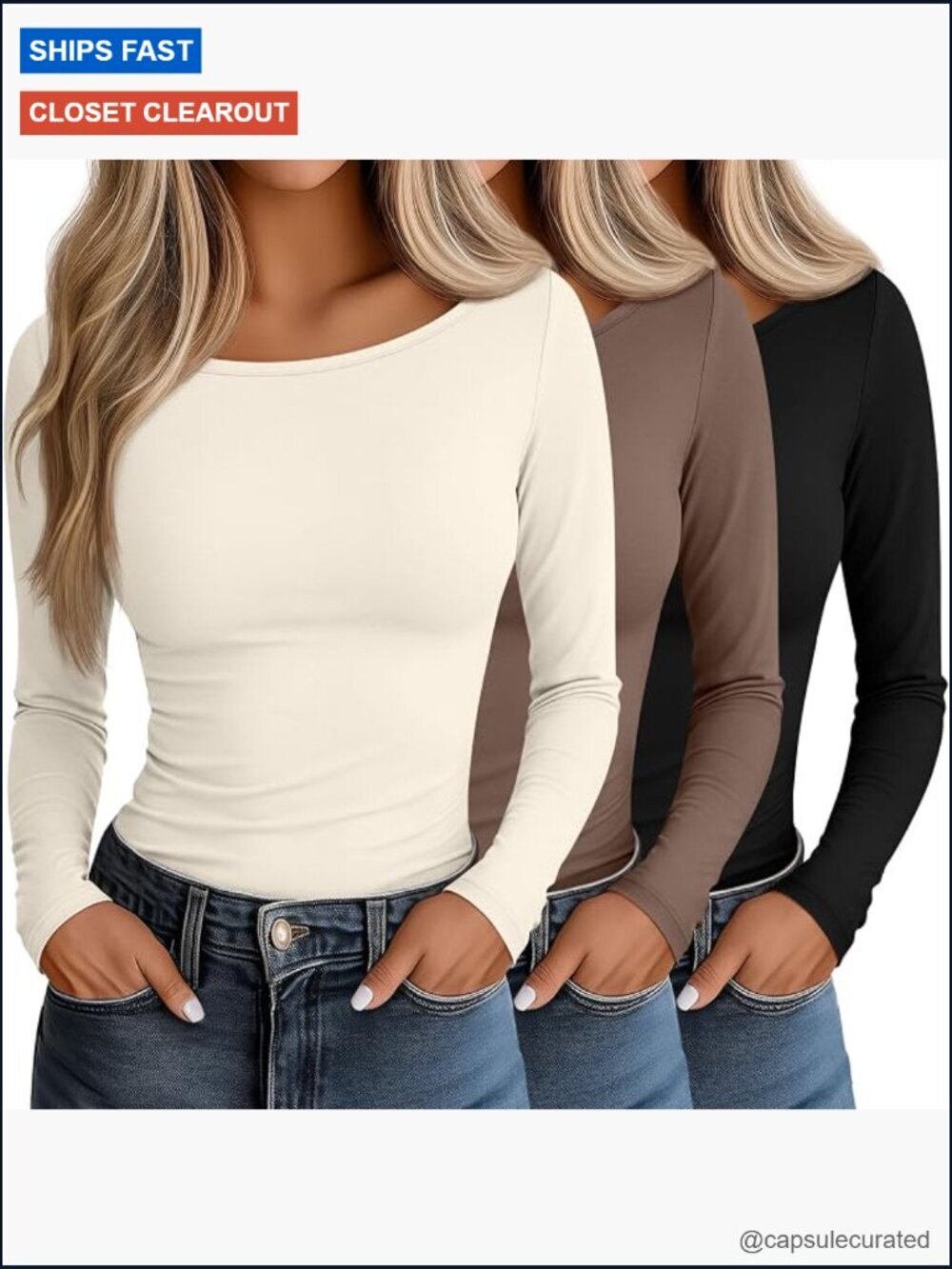 3 Pack Women's Slim Fitted Long Sleeve Boat Neck Tops